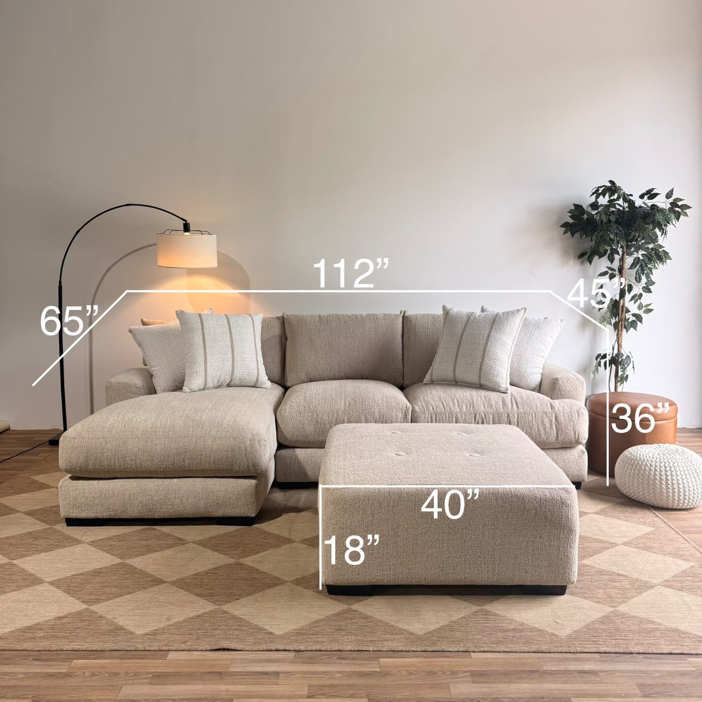 Parker Left Chaise Sectional + Ottoman in Beige Chenille — Kindred Couches