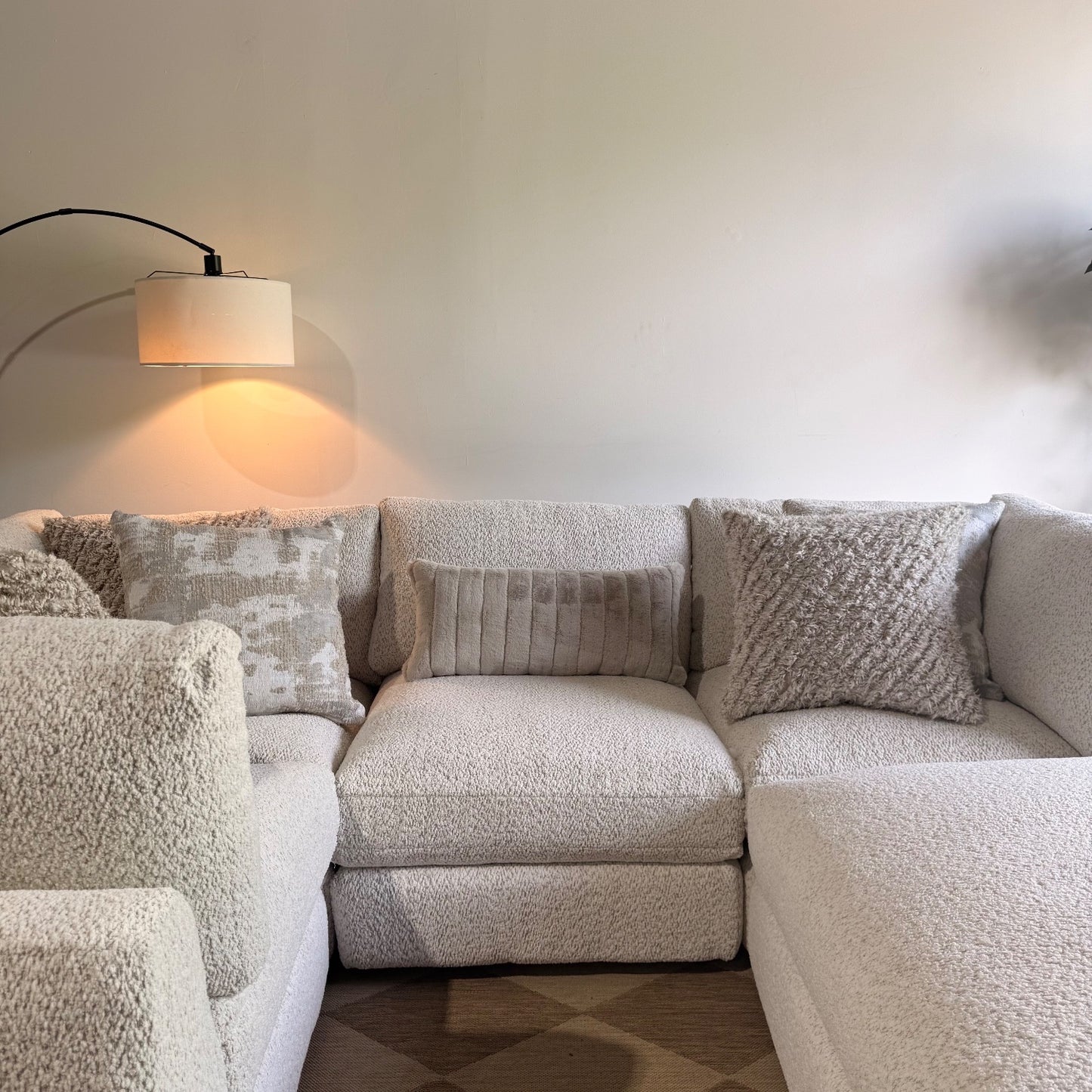 Georgia L-Shape Enclosed Sectional + Ottoman in Cream Boucle