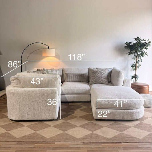 Georgia L-Shape Enclosed Sectional + Ottoman in Cream Boucle