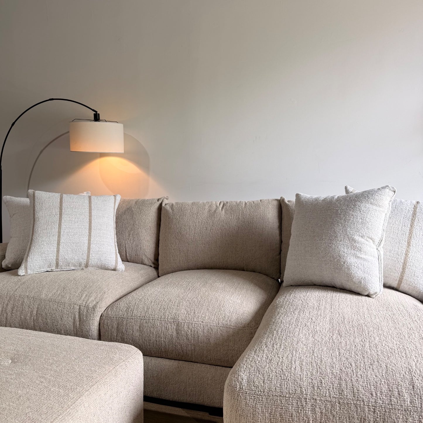 Parker Right Chaise Sectional + Ottoman in Beige Chenille — Kindred Couches