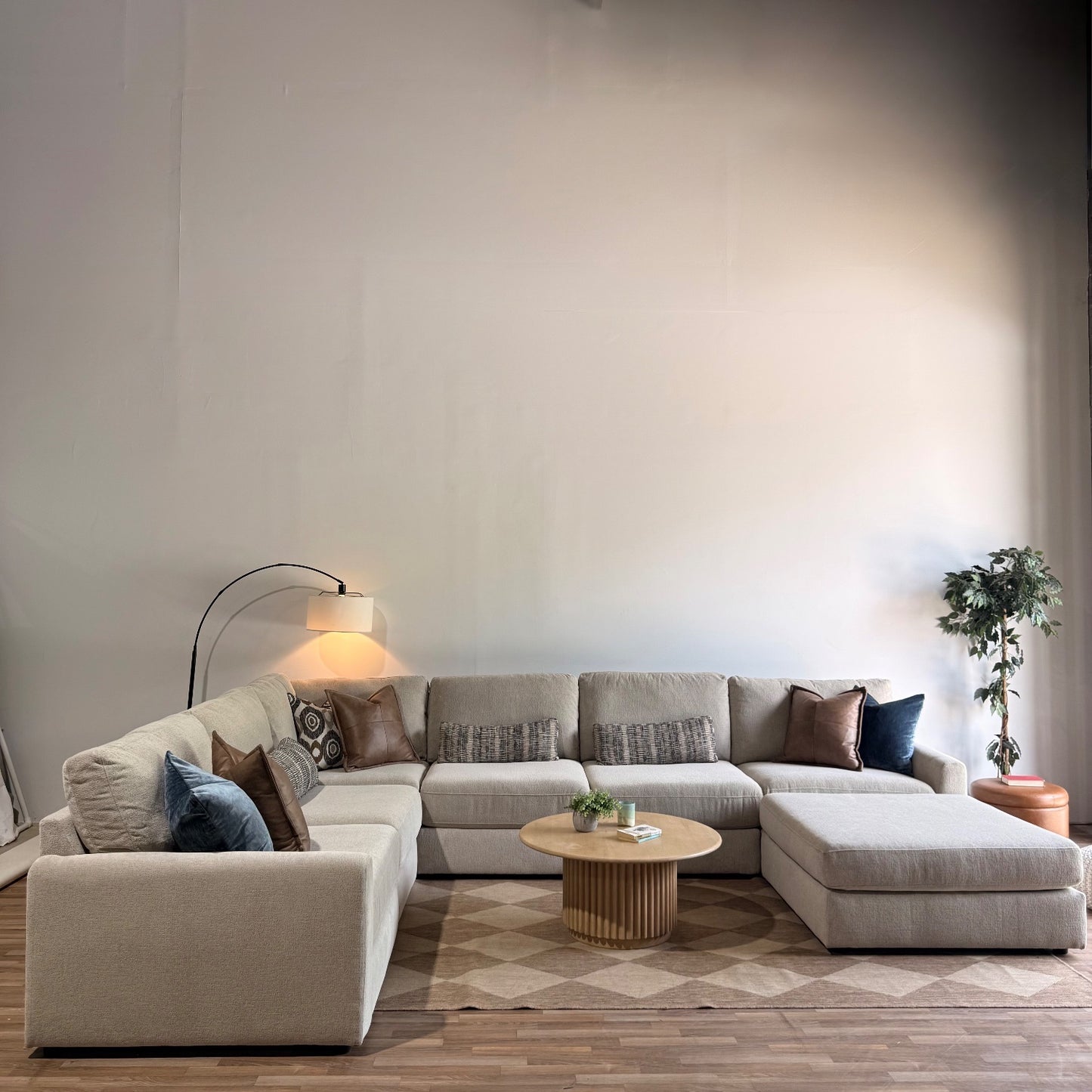 Oak Grand Corner Sectional + Ottoman in Beige Performance Fabric