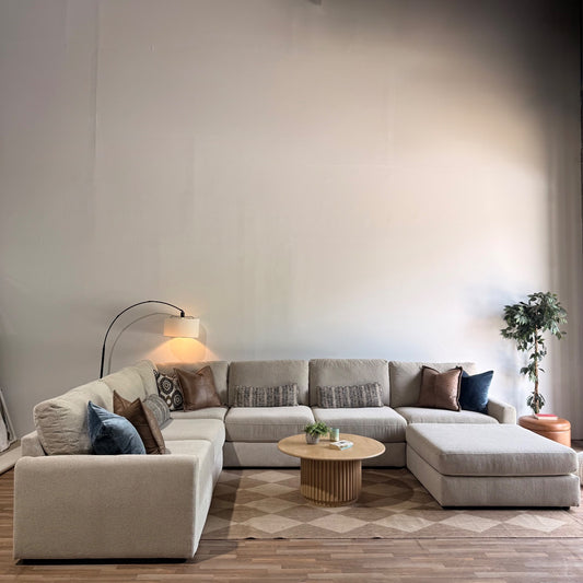 Oak Grand Corner Sectional + Ottoman in Beige Performance Fabric