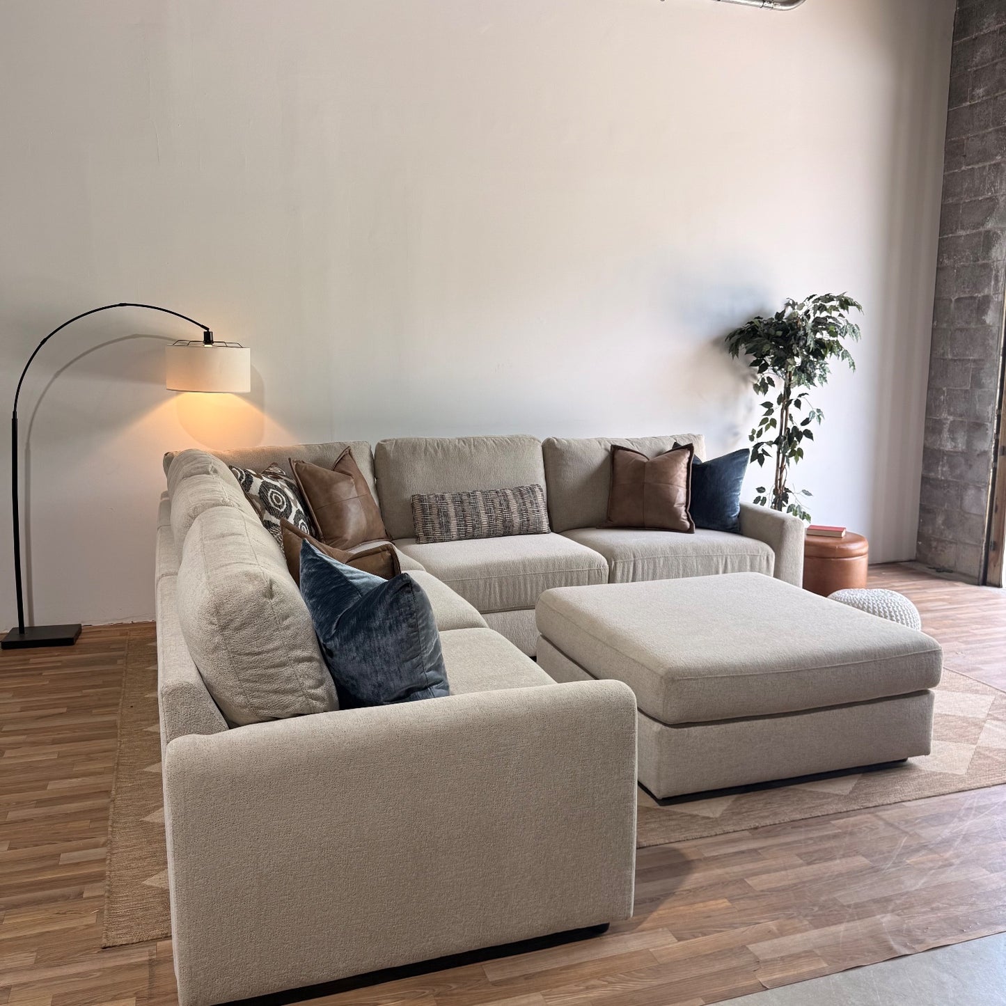 Oak Corner Sectional + Ottoman in Beige Performance Fabric