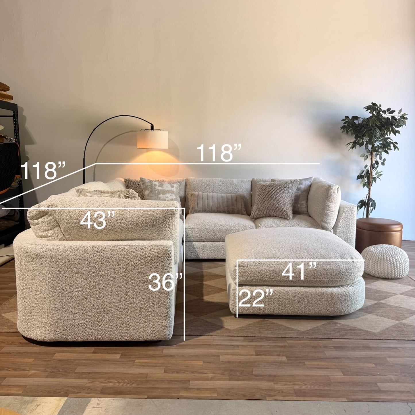 Georgia Corner Sectional + Ottoman in Cream Boucle