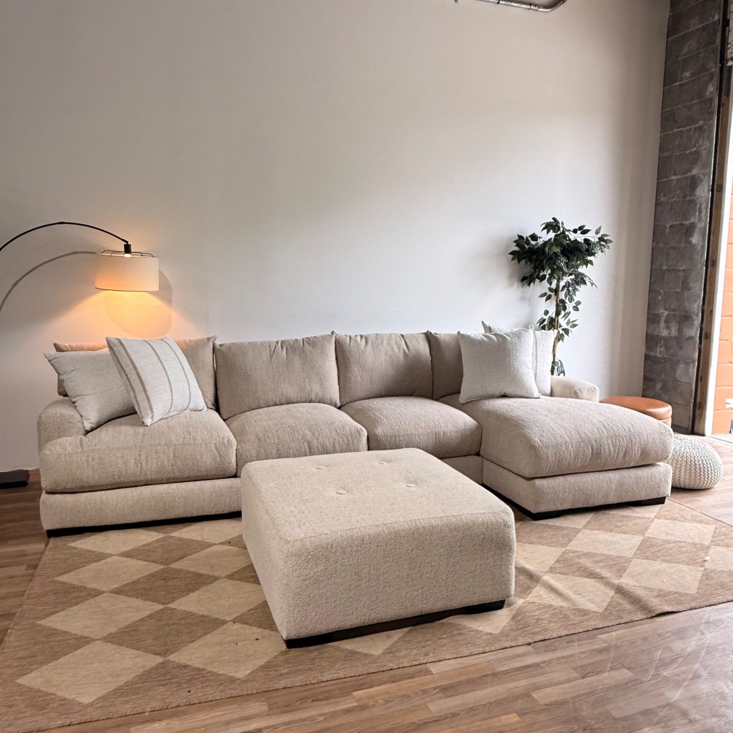 Parker Long Right Chaise Sectional + Ottoman in Beige Chenille — Kindred Couches