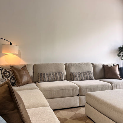 Oak Grand Corner Sectional + Ottoman in Beige Performance Fabric