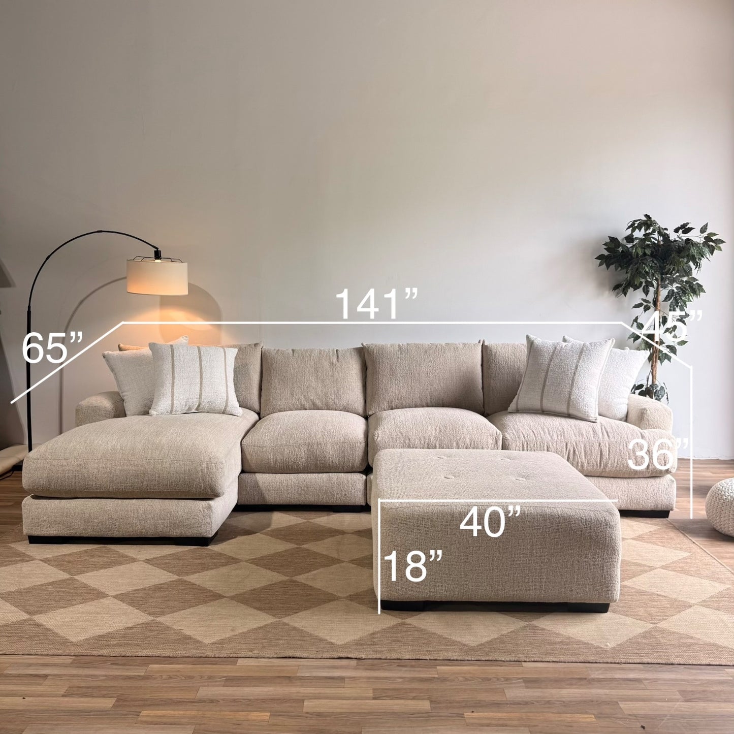 Parker Long Left Chaise Sectional + Ottoman in Beige — Kindred Couches