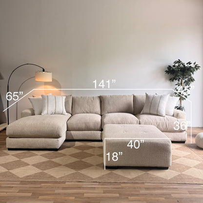 Parker Long Left Chaise Sectional + Ottoman in Beige — Kindred Couches