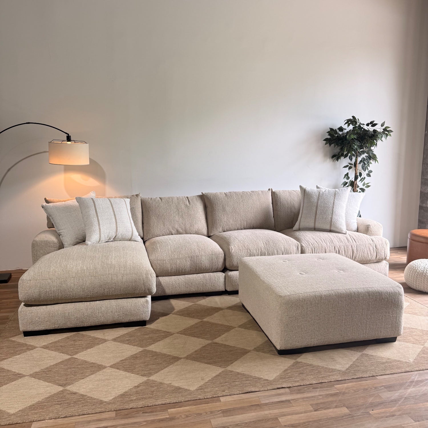 Parker Long Left Chaise Sectional + Ottoman in Beige — Kindred Couches
