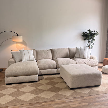 Parker Long Left Chaise Sectional + Ottoman in Beige — Kindred Couches
