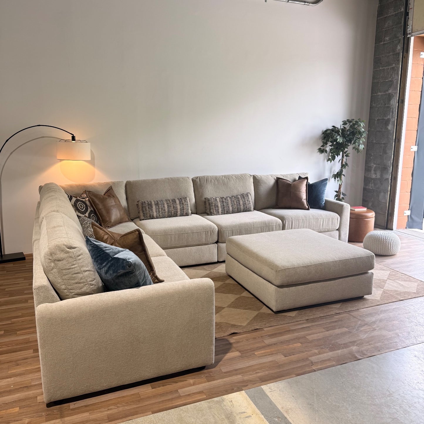 Oak Grand Corner Sectional + Ottoman in Beige Performance Fabric