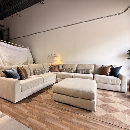 Oak Grand Corner Sectional + Ottoman in Beige Performance Fabric