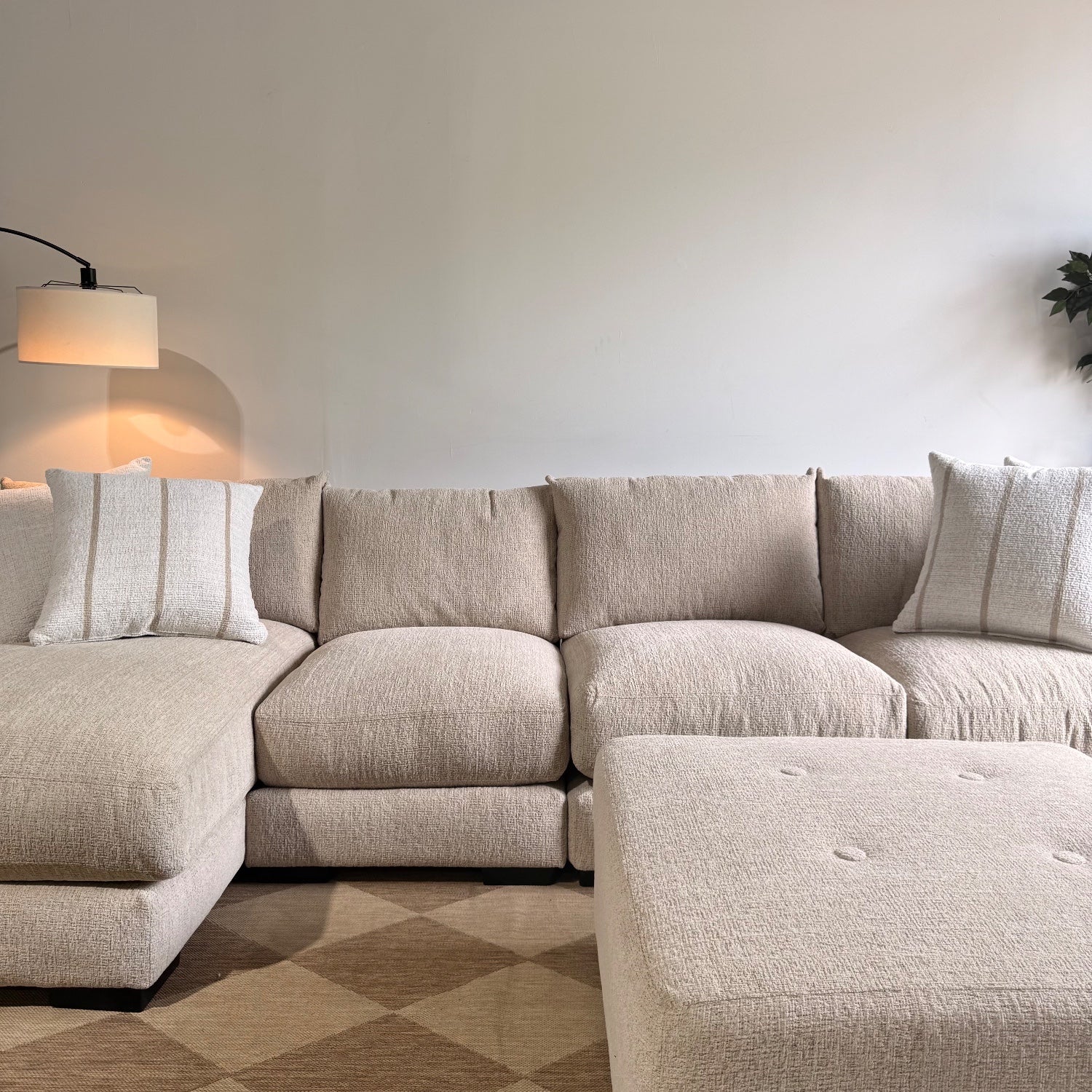 Parker Long Left Chaise Sectional + Ottoman in Beige — Kindred Couches