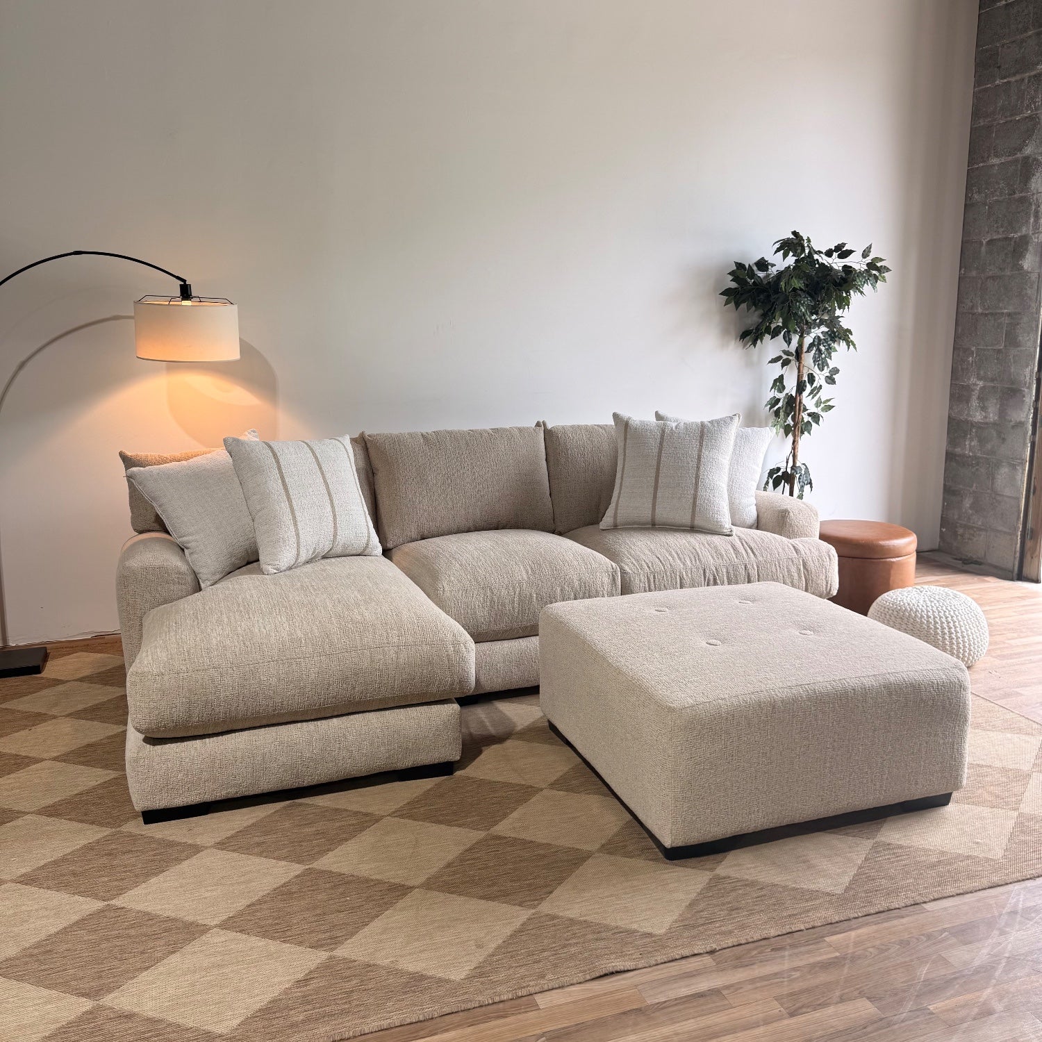 Parker Left Chaise Sectional + Ottoman in Beige Chenille — Kindred Couches