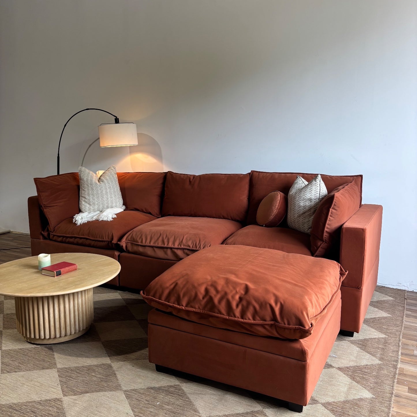 Albany Park Kova Modular Sofa + Storage Ottoman in Rust Performance Velvet