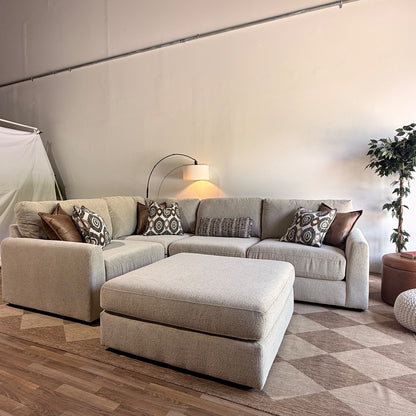 Oak L-Shape Enclosed + Ottoman in Beige Performance Fabric