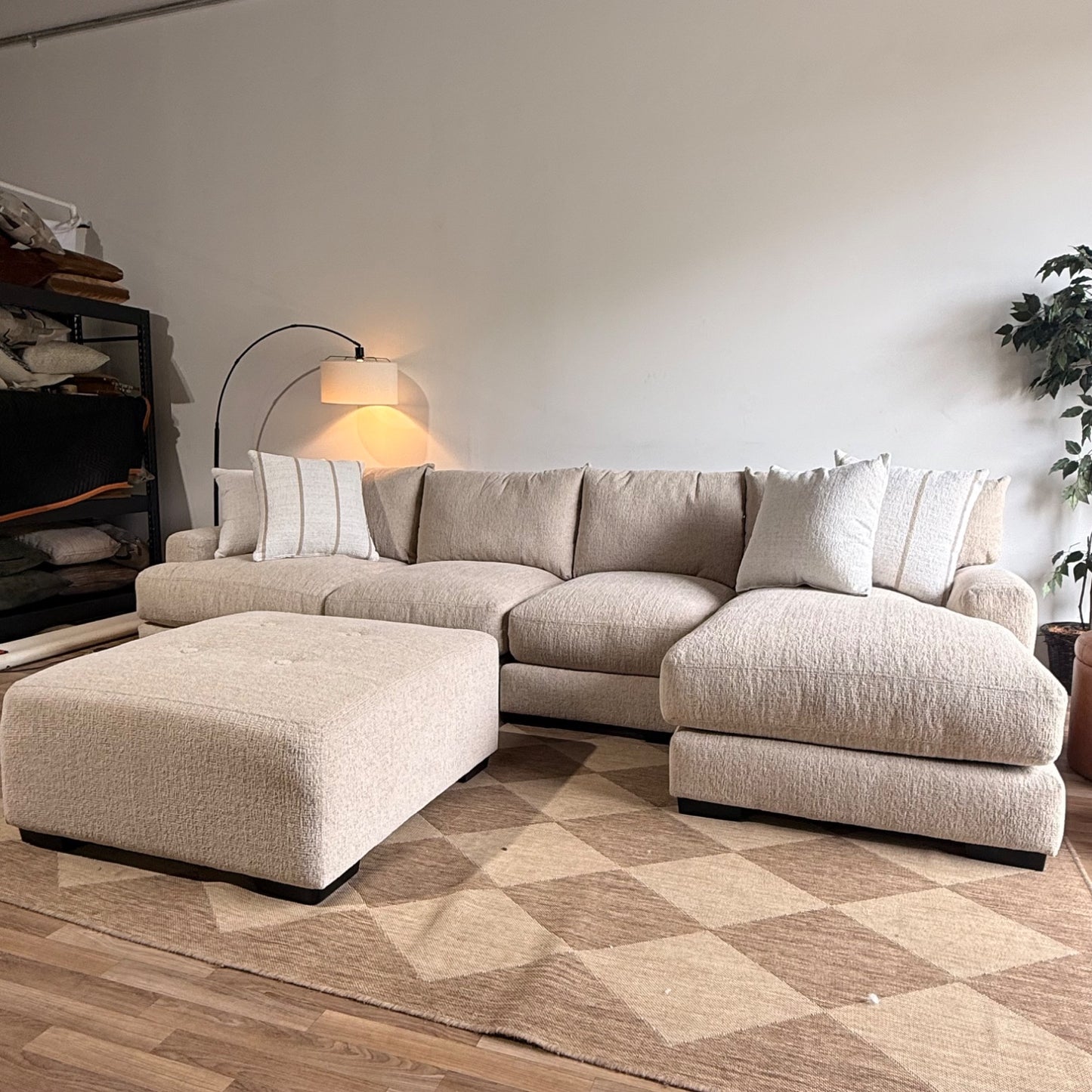 Parker Long Right Chaise Sectional + Ottoman in Beige Chenille — Kindred Couches