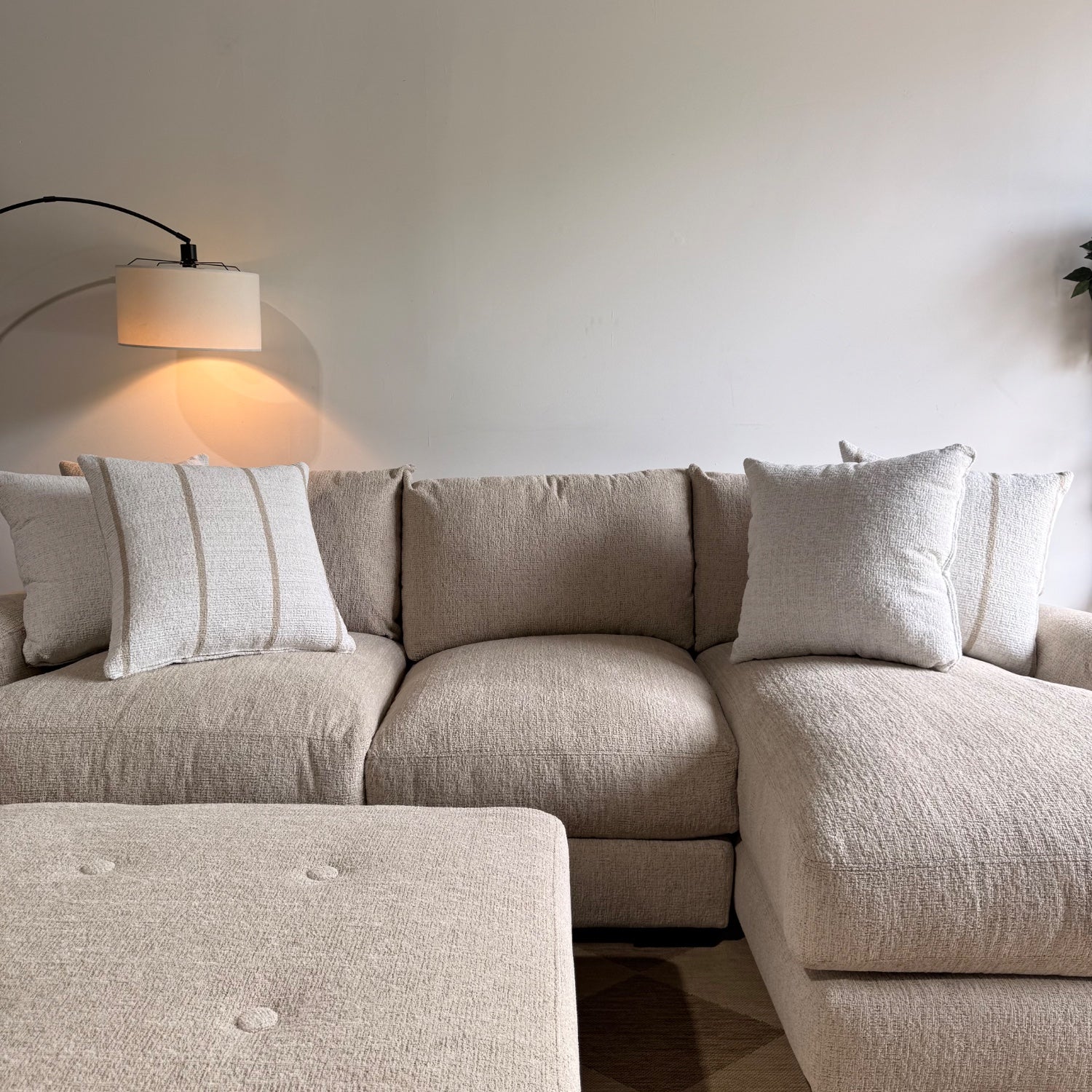Parker Right Chaise Sectional + Ottoman in Beige Chenille — Kindred Couches