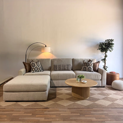 Oak Sofa + Ottoman in Beige Performance Fabric