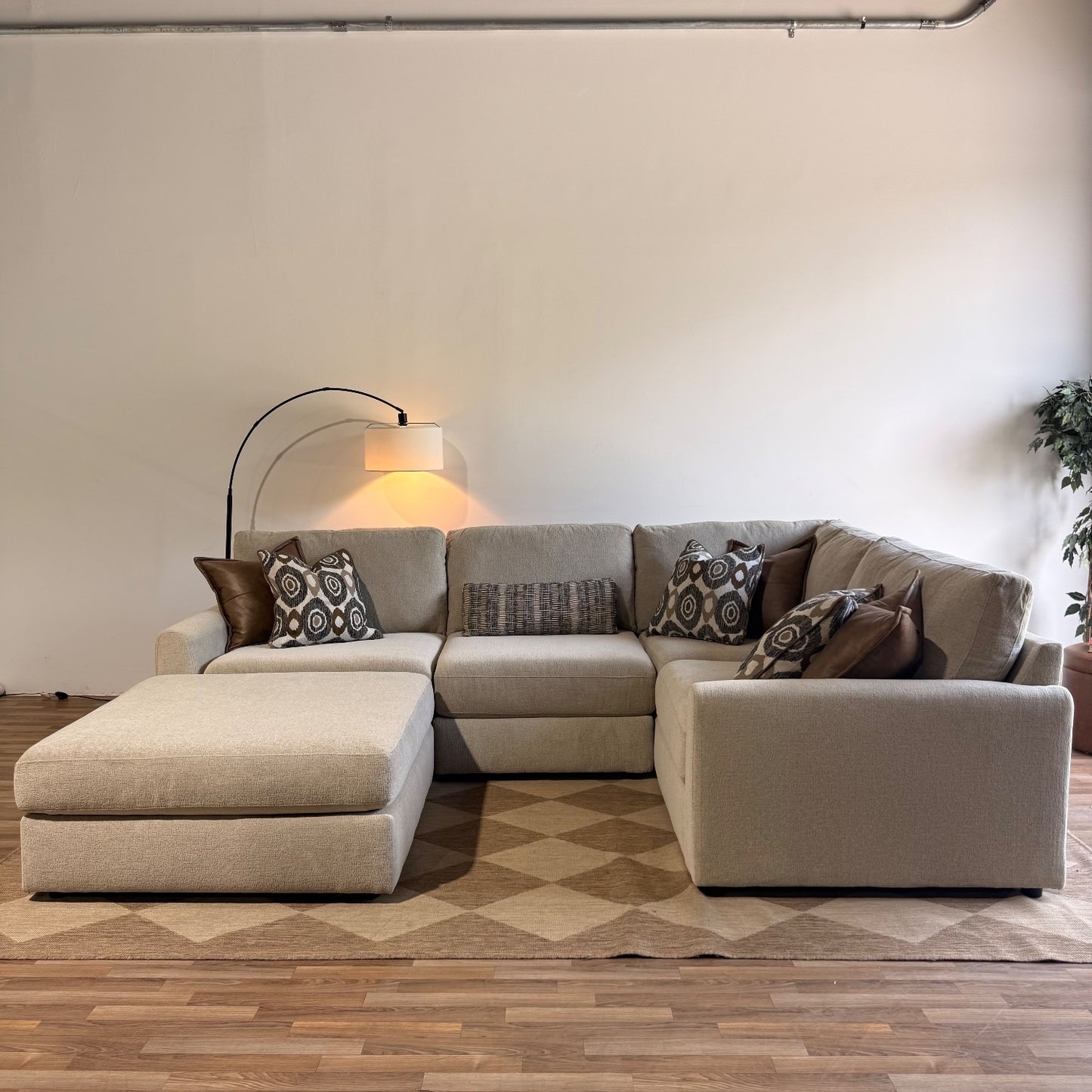 Oak L-Shape Enclosed + Ottoman in Beige Performance Fabric