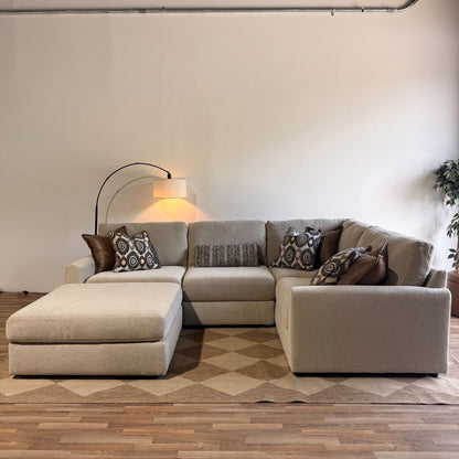 Oak L-Shape Enclosed + Ottoman in Beige Performance Fabric