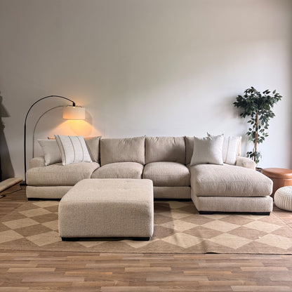 Parker Long Right Chaise Sectional + Ottoman in Beige Chenille — Kindred Couches