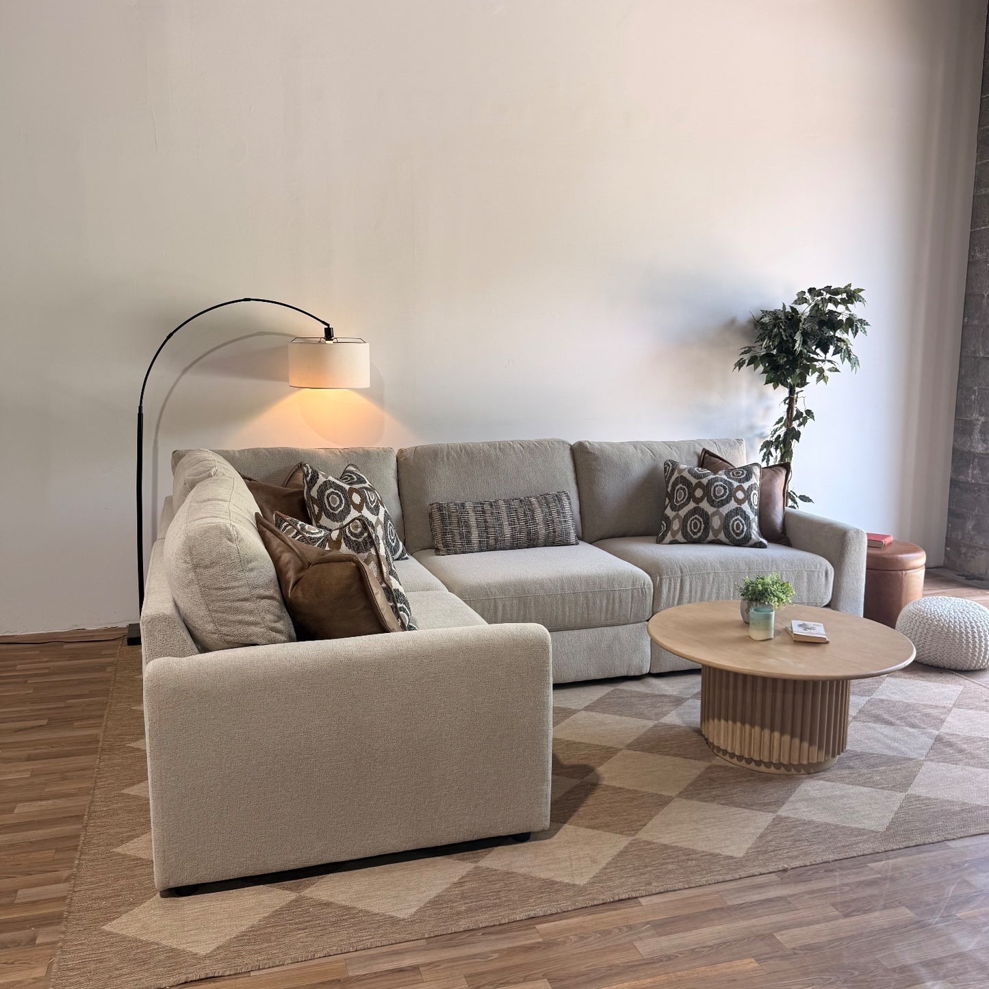 Oak L-Shape Enclosed in Beige Performance Fabric