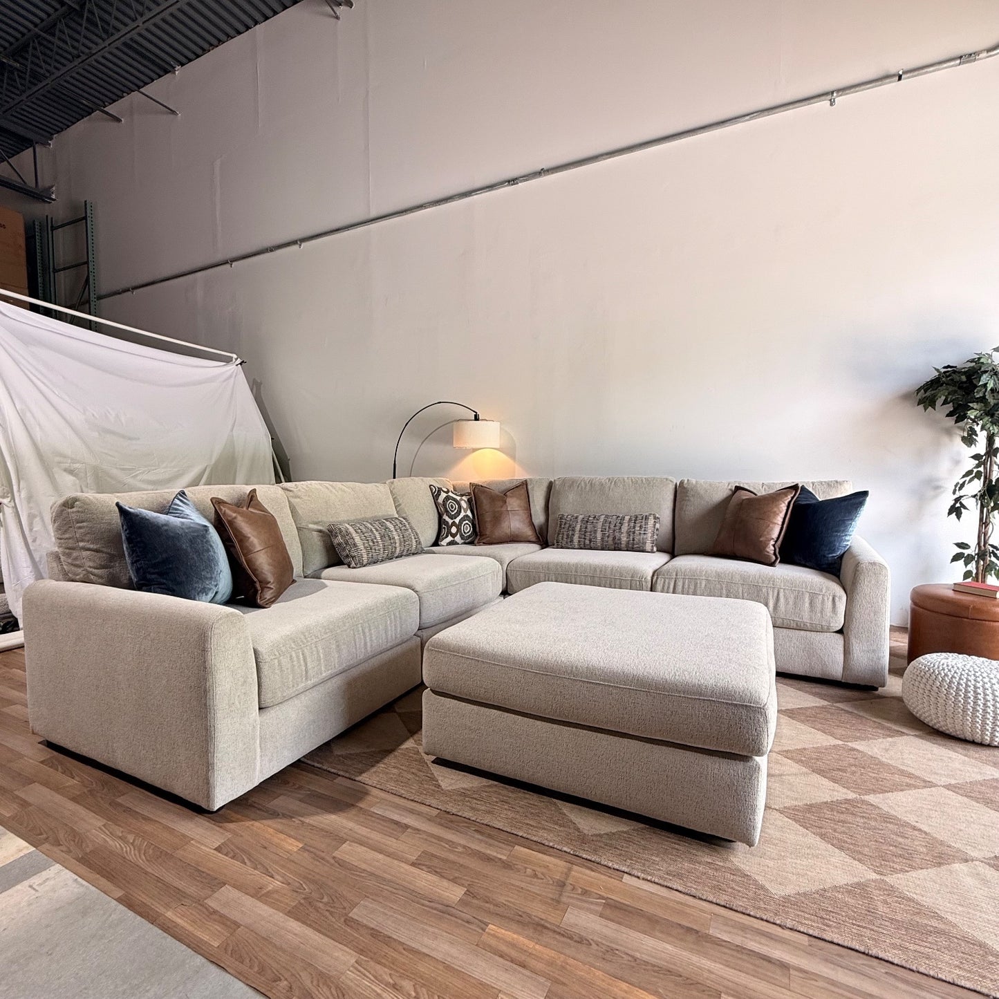 Oak Corner Sectional + Ottoman in Beige Performance Fabric