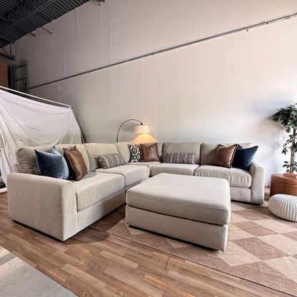 Oak Corner Sectional + Ottoman in Beige Performance Fabric