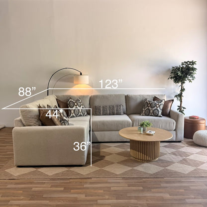 Oak L-Shape Enclosed in Beige Performance Fabric
