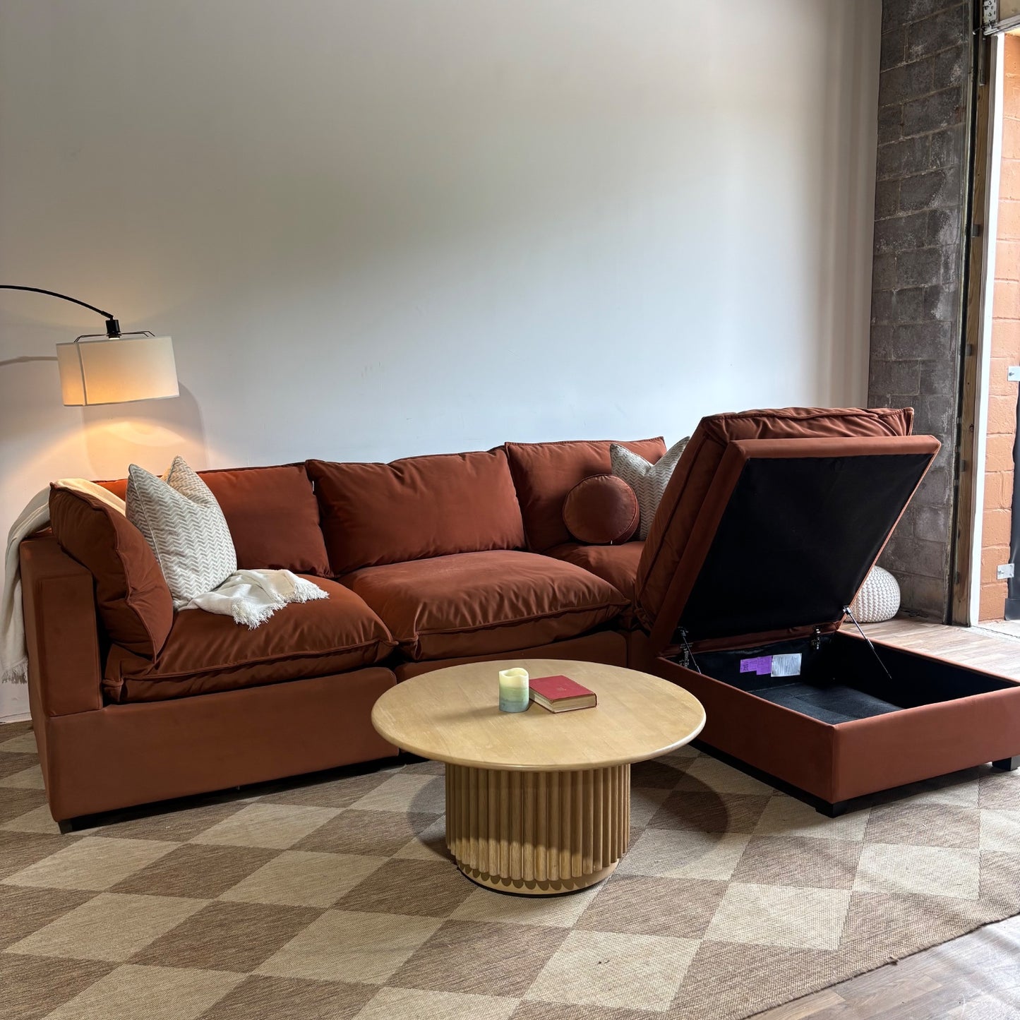 Albany Park Kova Modular Sofa + Storage Ottoman in Rust Performance Velvet