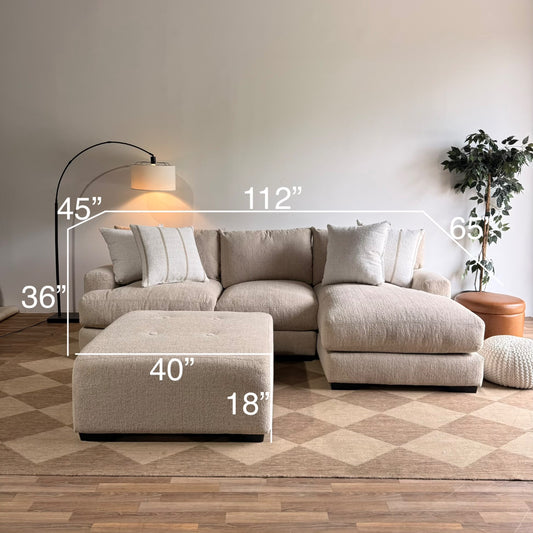 Parker Right Chaise Sectional + Ottoman in Beige Chenille — Kindred Couches