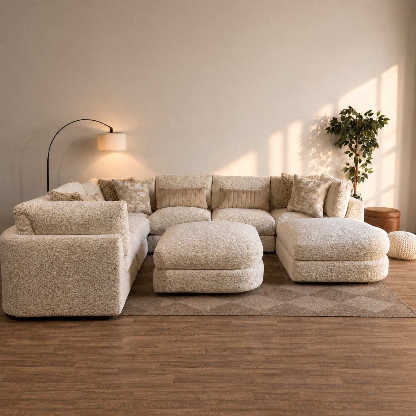 Georgia Grand Corner Sectional + 2 Ottomans in Cream Boucle