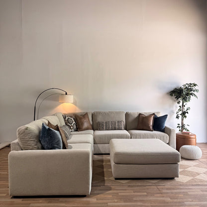 Oak Corner Sectional + Ottoman in Beige Performance Fabric
