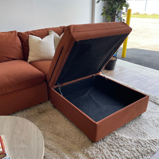 Albany Park Kova Modular 5pc Sectional in Rust Orange Velvet w/Storage Ottoman (Box Top Cushion Style)